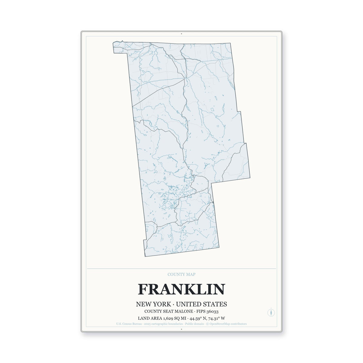 Franklin County, New York Map Aluminum Sign in Gallery Air style