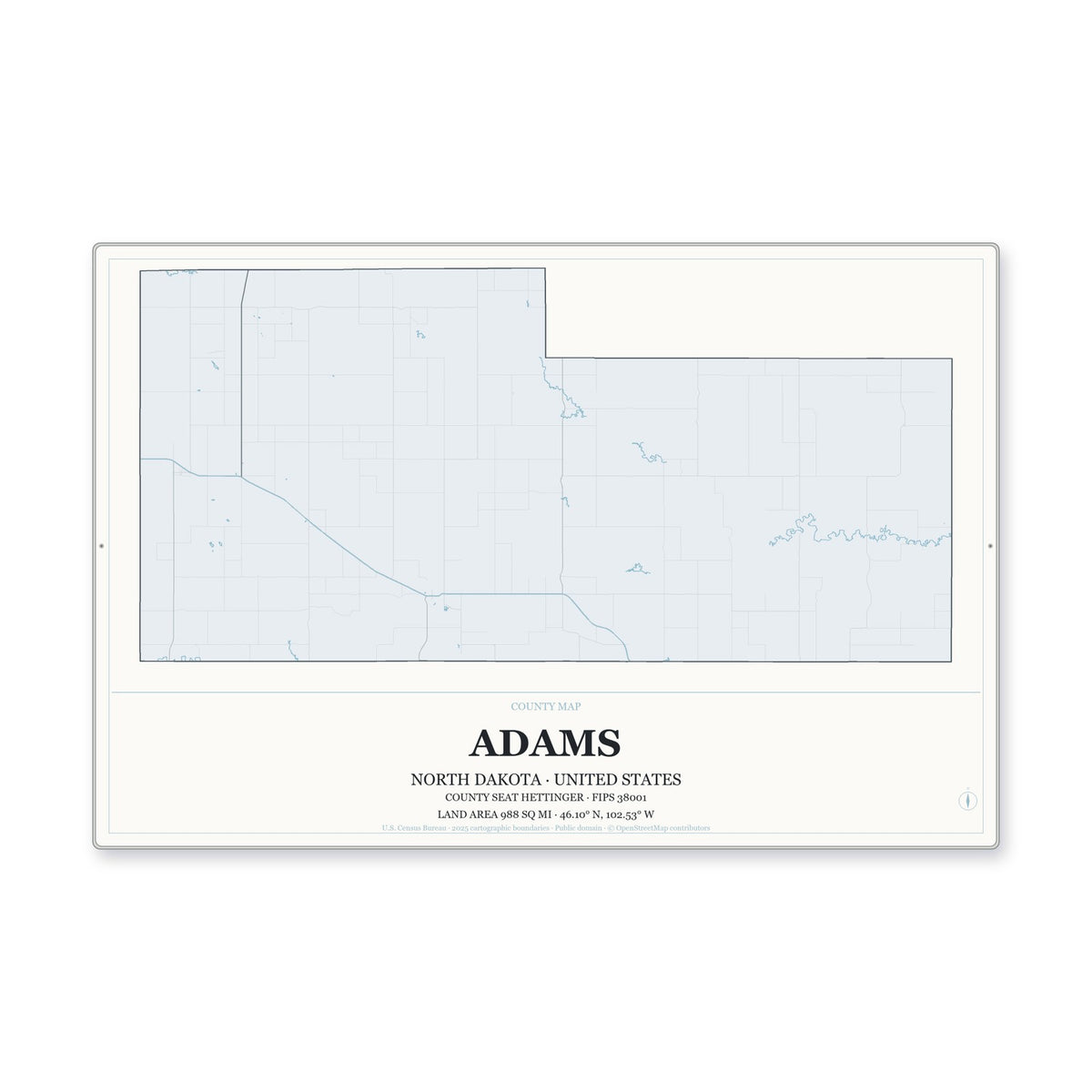 Adams County, North Dakota Map Aluminum Sign in Gallery Air style