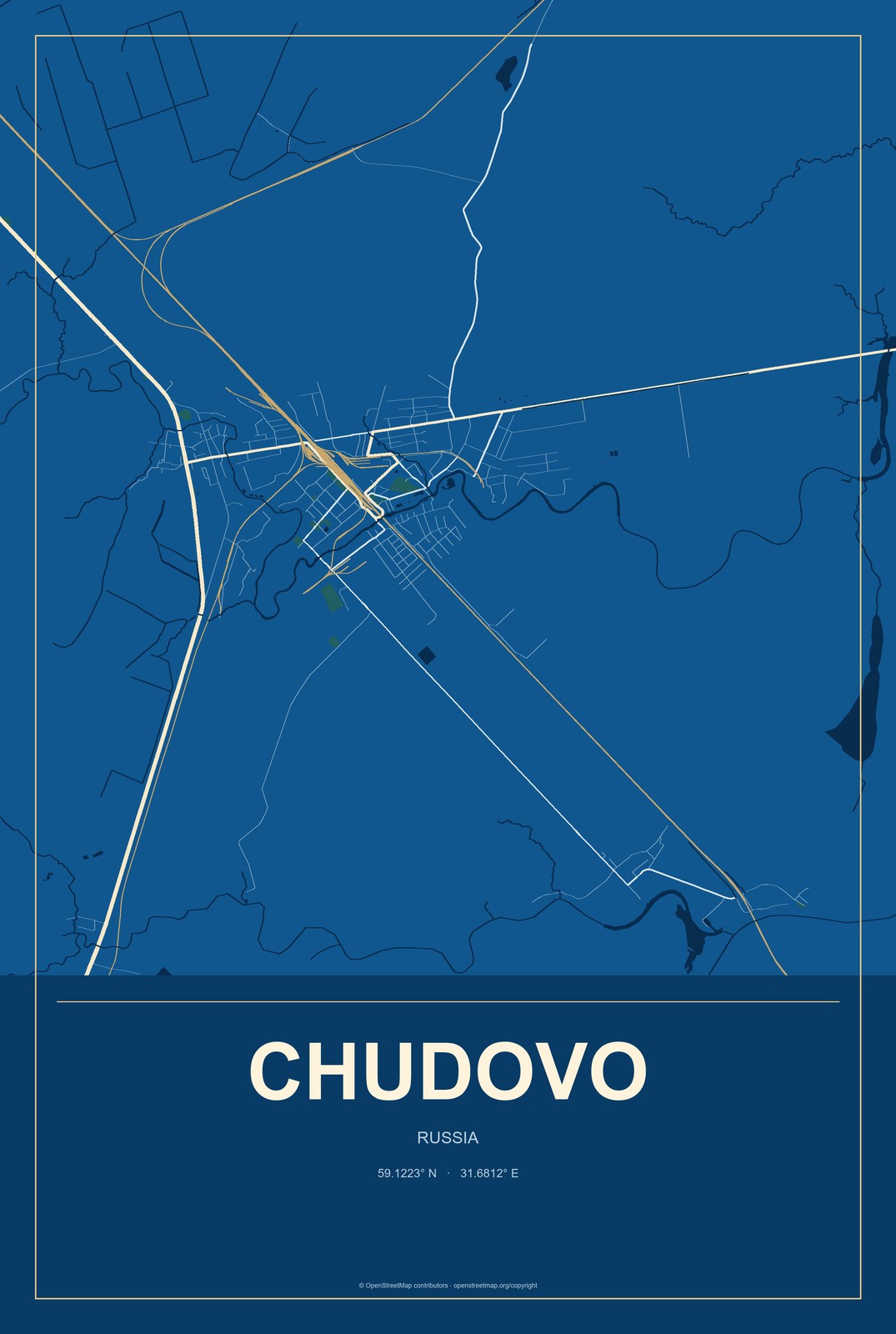 Chudovo, Russia City Map Aluminum Sign in Harbor Cobalt style