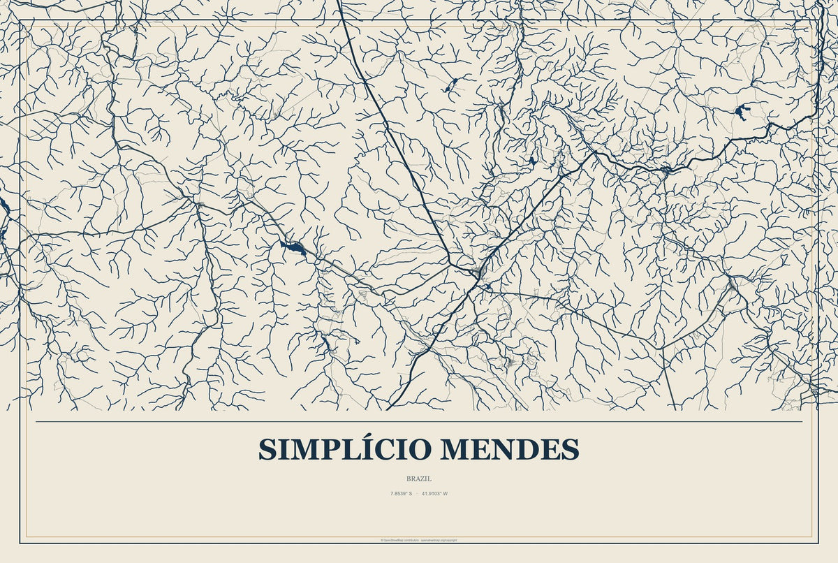 Simplício Mendes, Brazil City Map Aluminum Sign in Coastal Cutout style