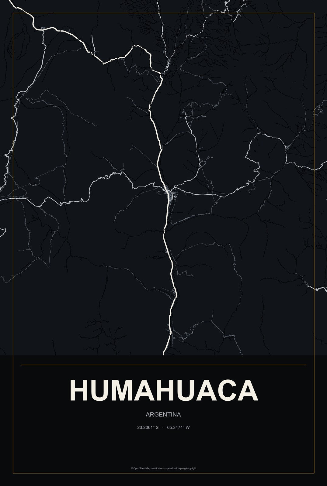 Humahuaca, Argentina City Map Aluminum Sign in Metropolitan Noir style
