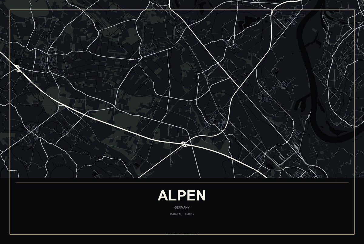 Alpen, Germany City Map Aluminum Sign in Metropolitan Noir style