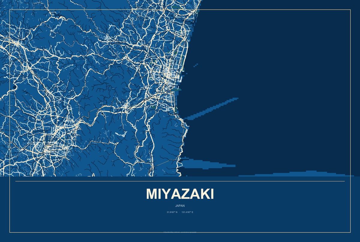 Miyazaki, Japan City Map Aluminum Sign in Harbor Cobalt style