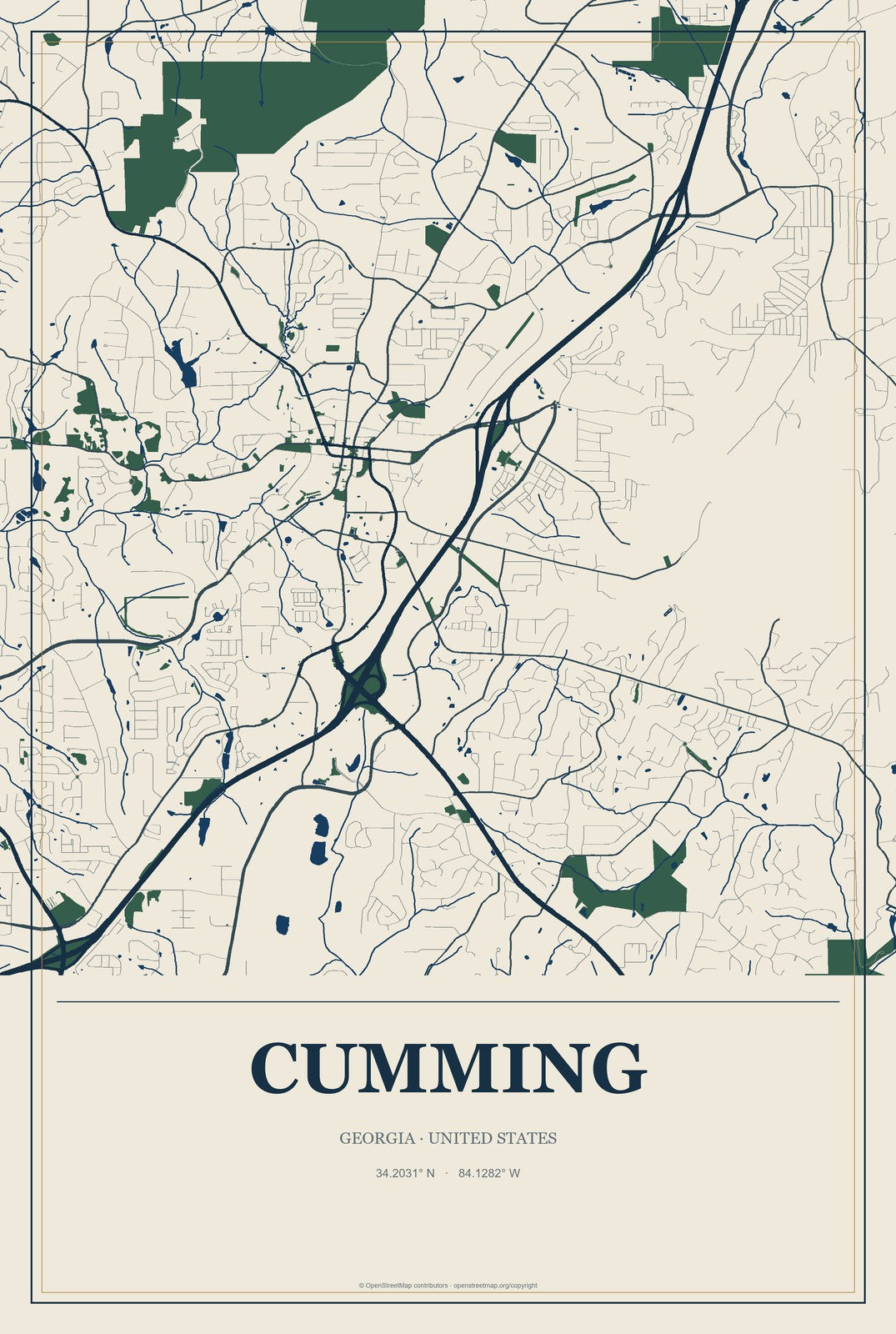 Cumming, Georgia City Map Aluminum Sign in Coastal Cutout style