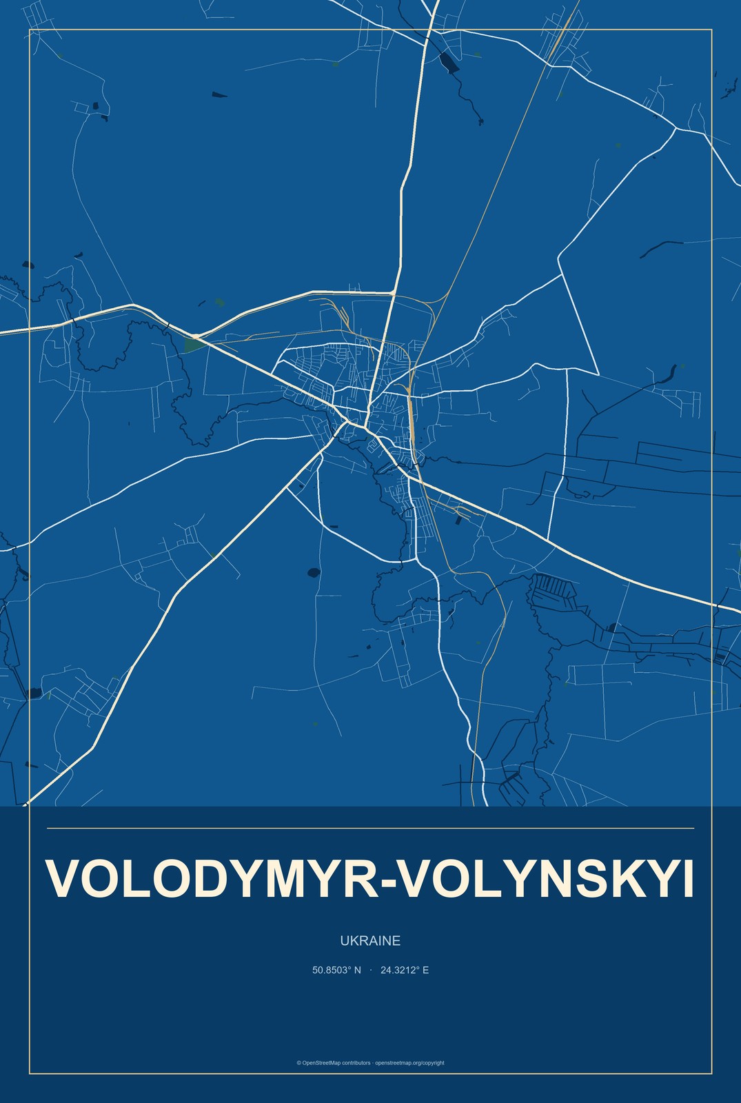 Volodymyr-Volynskyi, Ukraine City Map Aluminum Sign in Harbor Cobalt style
