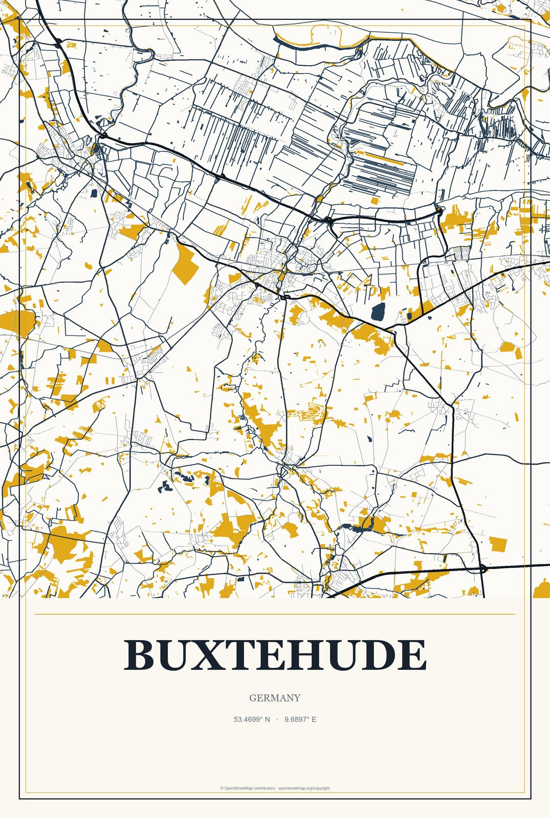 Buxtehude, Germany City Map Aluminum Sign in Citrine Modern style