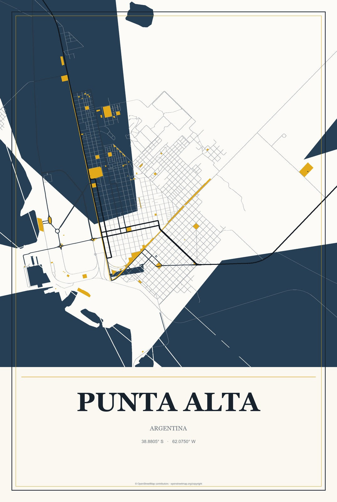 Punta Alta, Argentina City Map Aluminum Sign in Citrine Modern style