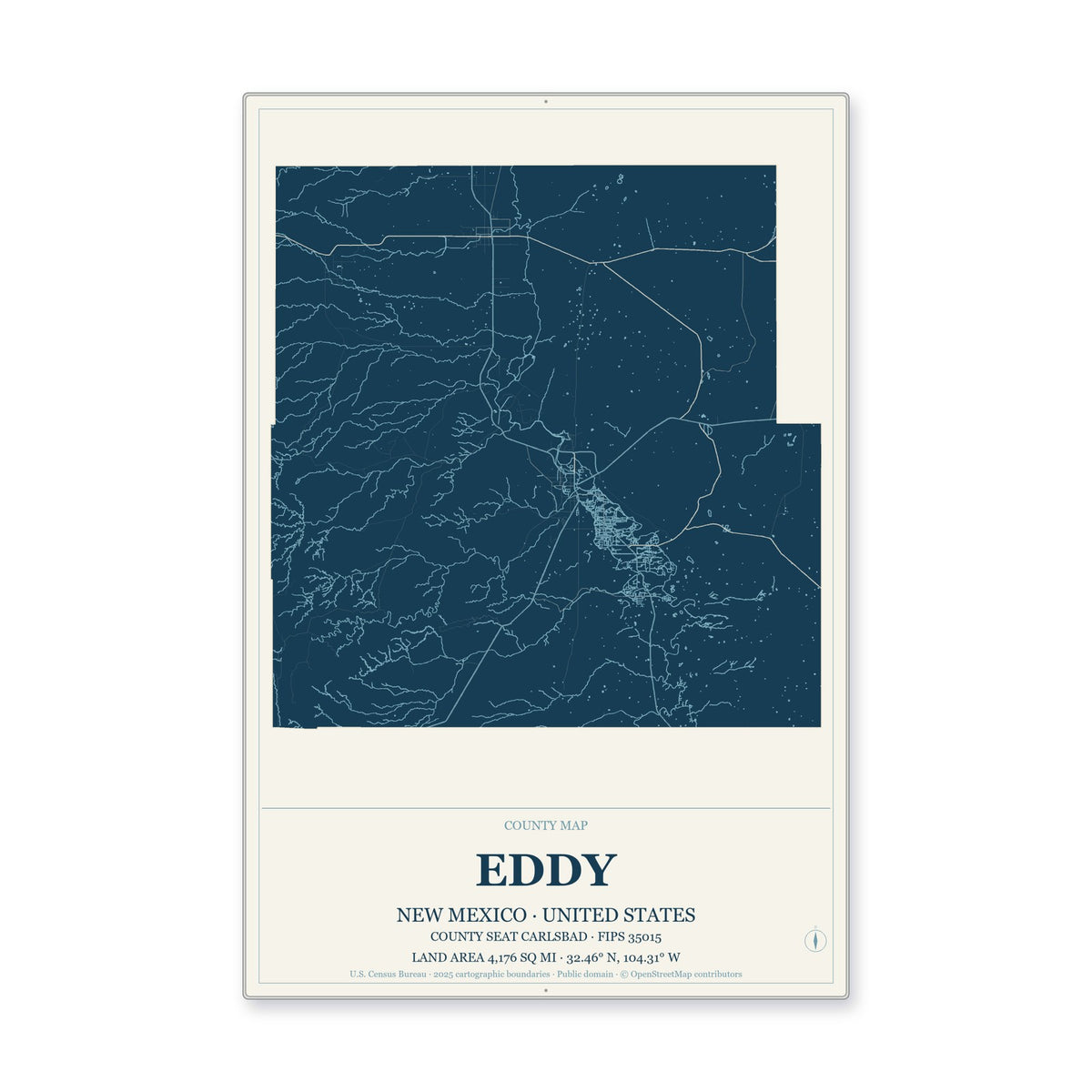Eddy County, New Mexico Map Aluminum Sign in Coastal Cutout style