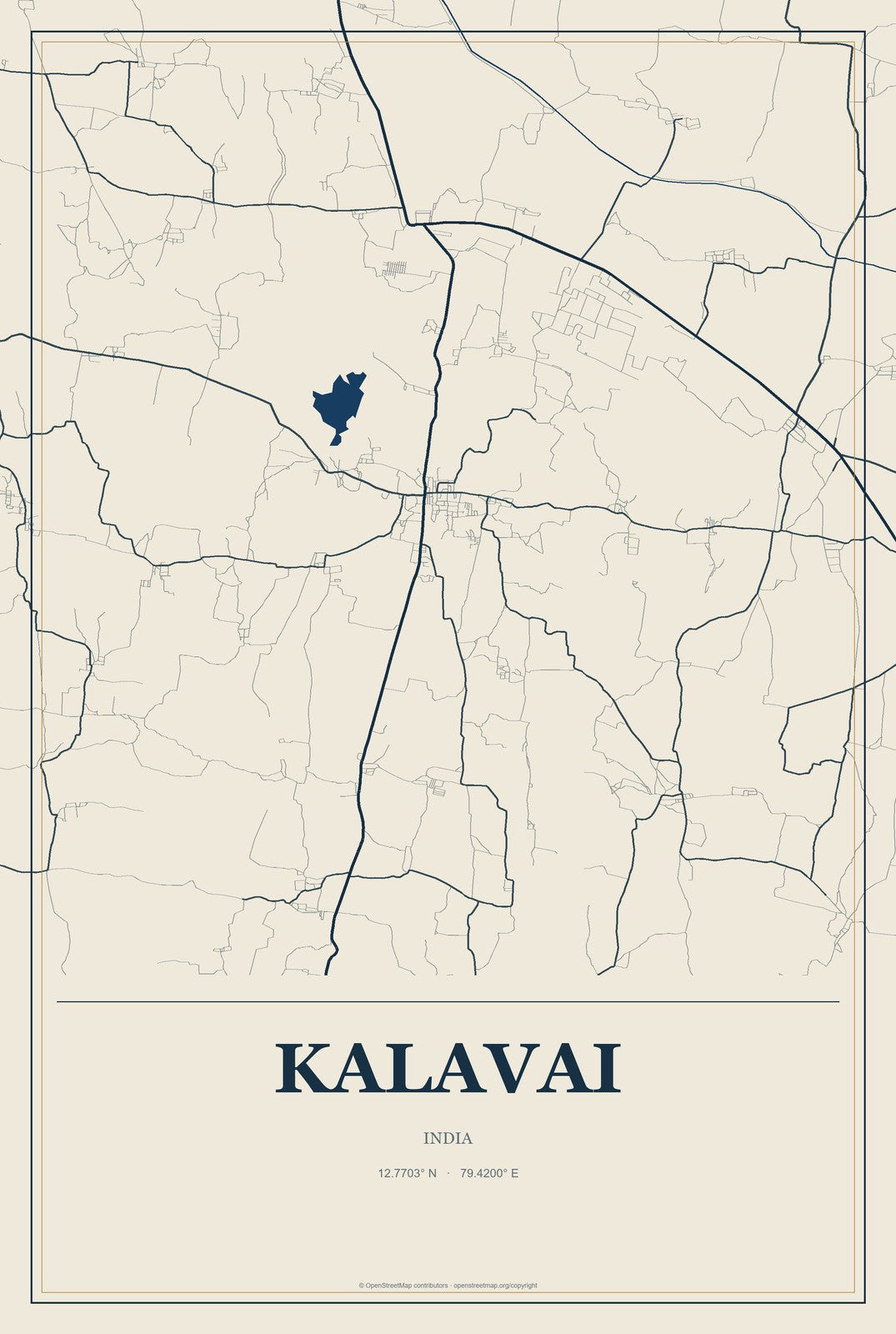 Kalavai, India City Map Aluminum Sign in Coastal Cutout style