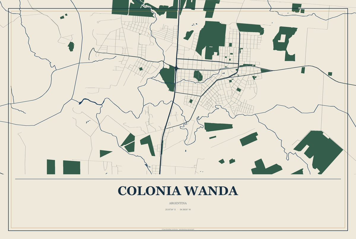 Colonia Wanda, Argentina City Map Aluminum Sign in Coastal Cutout style