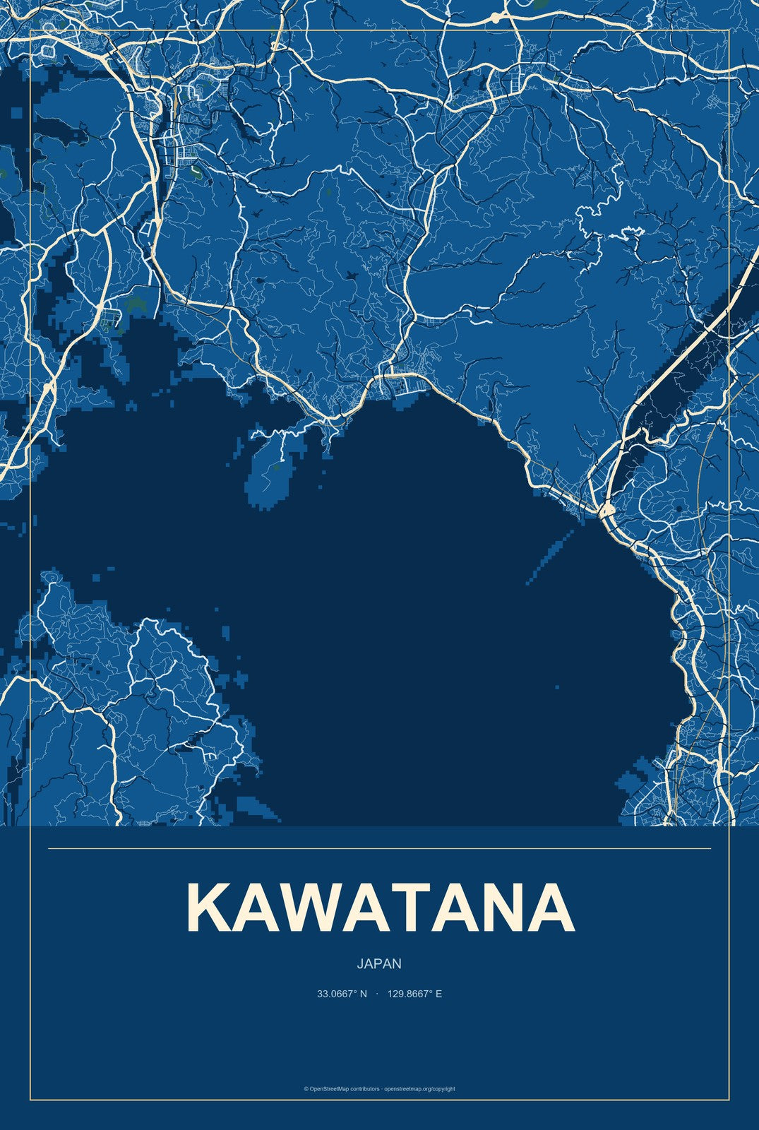 Kawatana, Japan City Map Aluminum Sign in Harbor Cobalt style