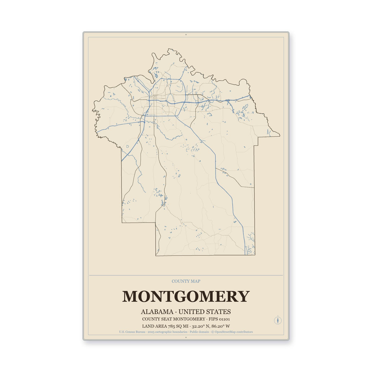 Montgomery County, Alabama Map Aluminum Sign in Heritage Nautical style
