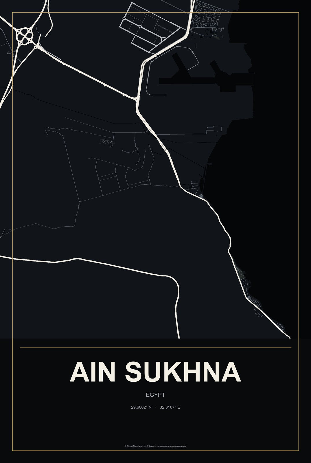 Ain Sukhna, Egypt City Map Aluminum Sign in Metropolitan Noir style