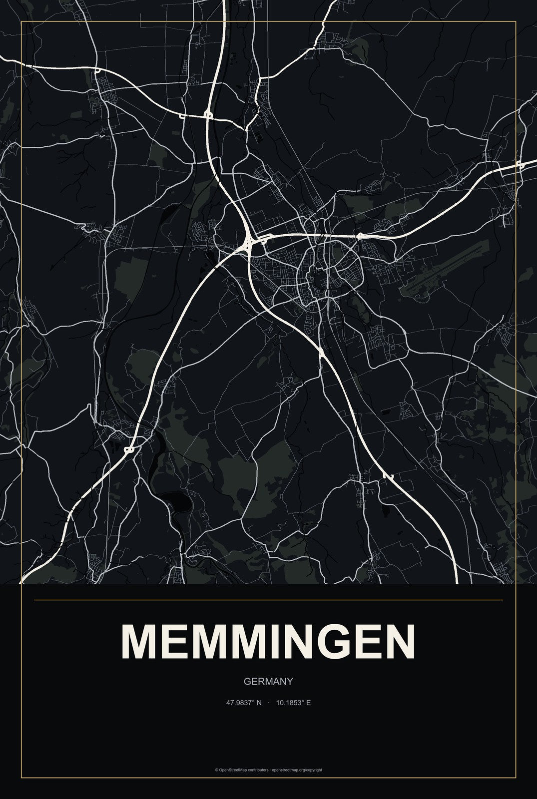 Memmingen, Germany City Map Aluminum Sign in Metropolitan Noir style