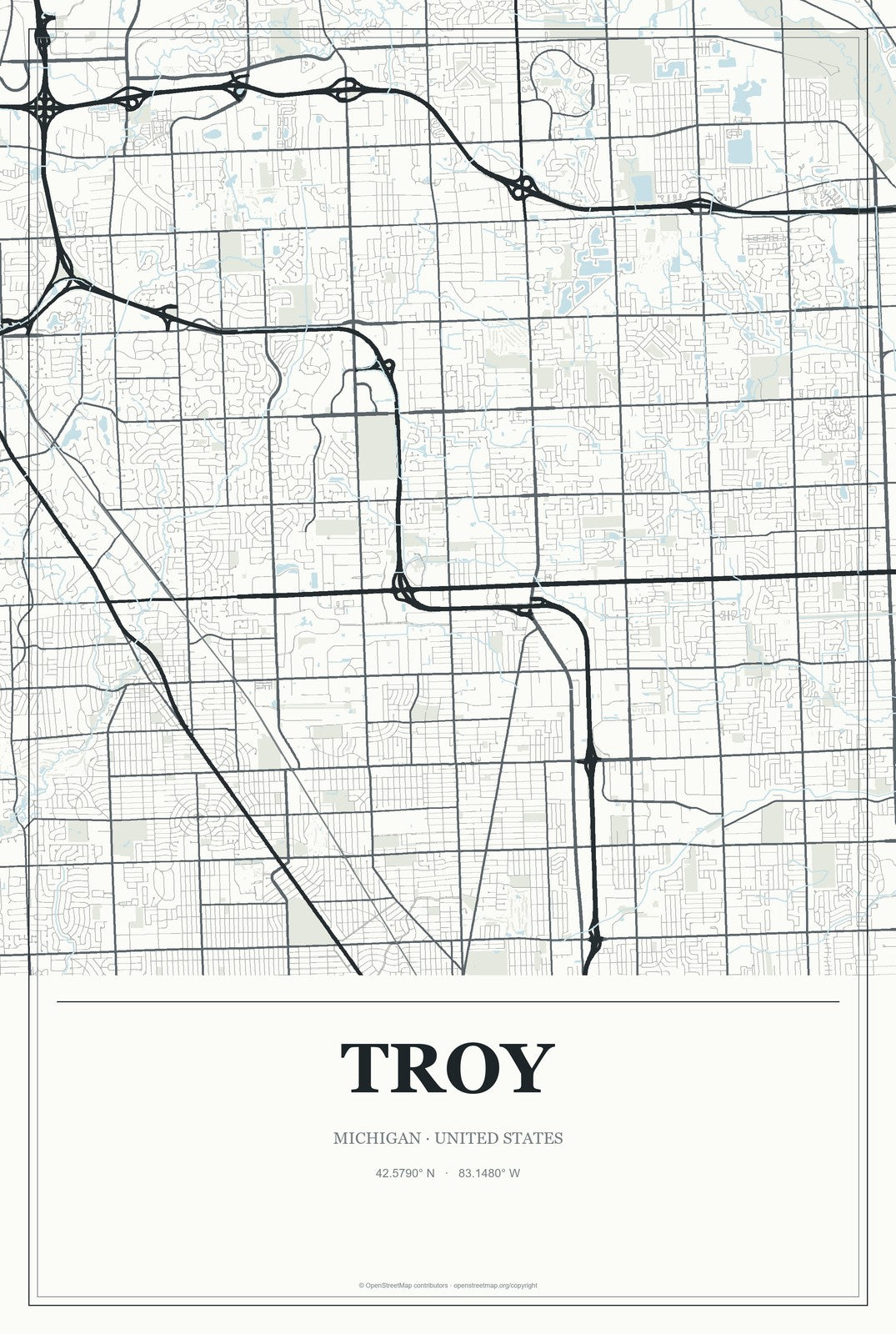 Troy, Michigan City Map Aluminum Sign in Gallery Air style