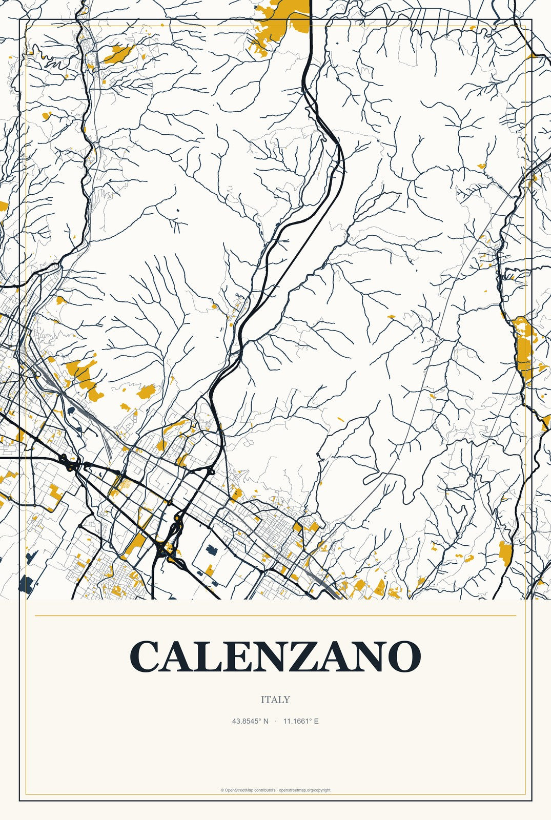 Calenzano, Italy City Map Aluminum Sign in Citrine Modern style