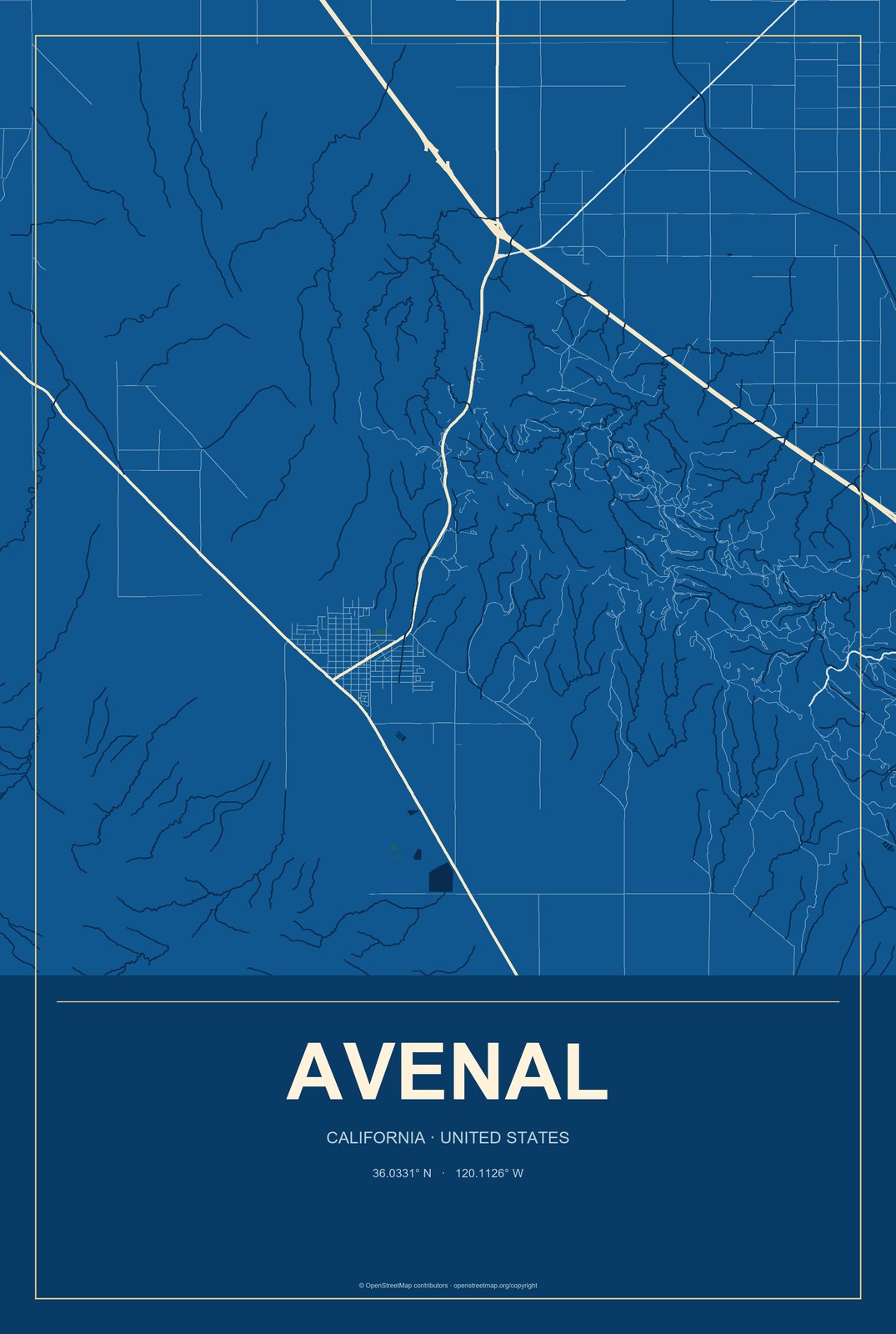 Avenal, California City Map Aluminum Sign in Harbor Cobalt style