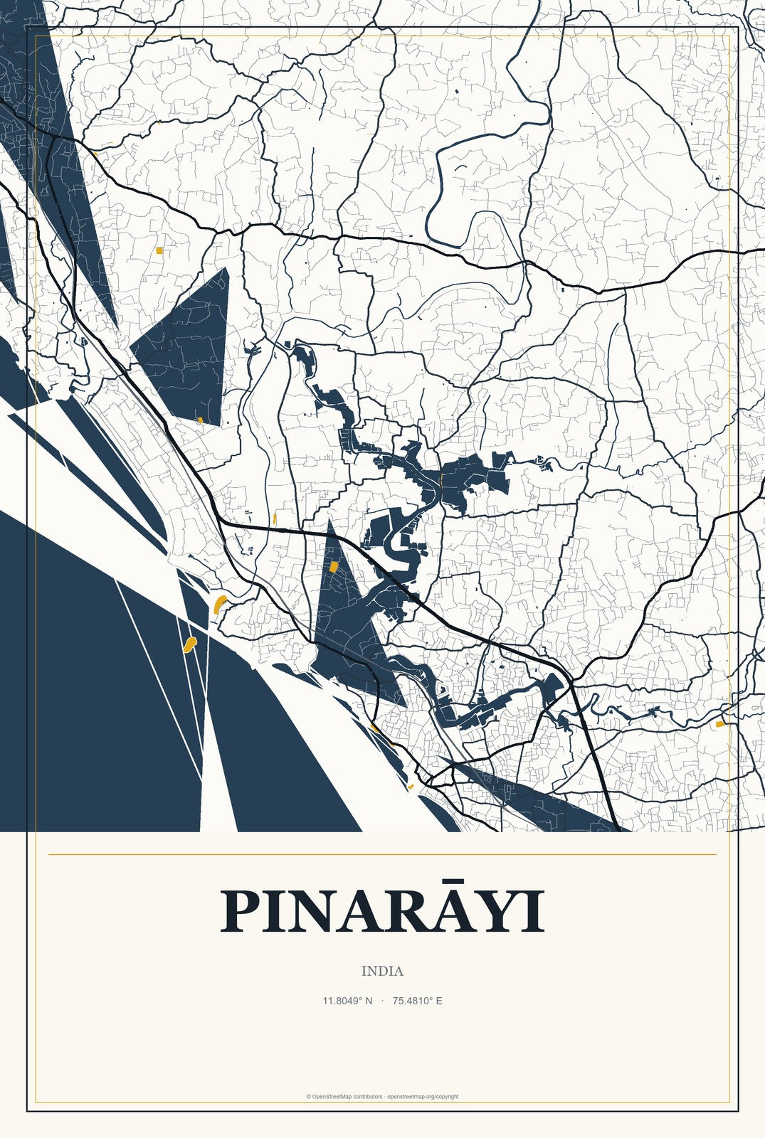 Pinarāyi, India City Map Aluminum Sign in Citrine Modern style