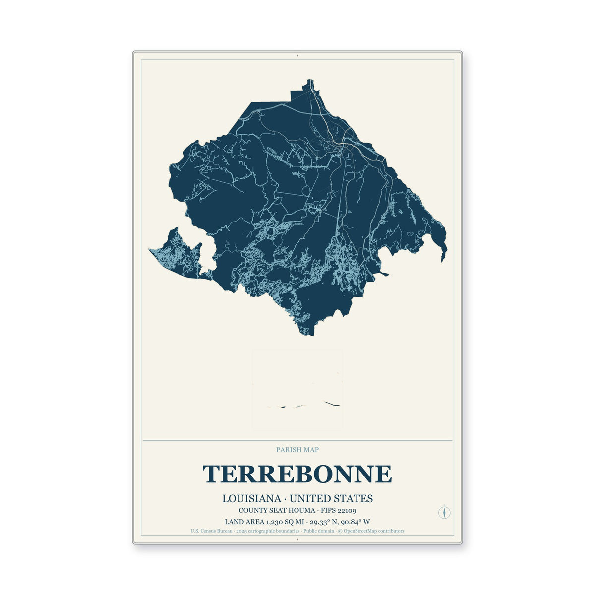 Terrebonne Parish, Louisiana Map Aluminum Sign in Coastal Cutout style