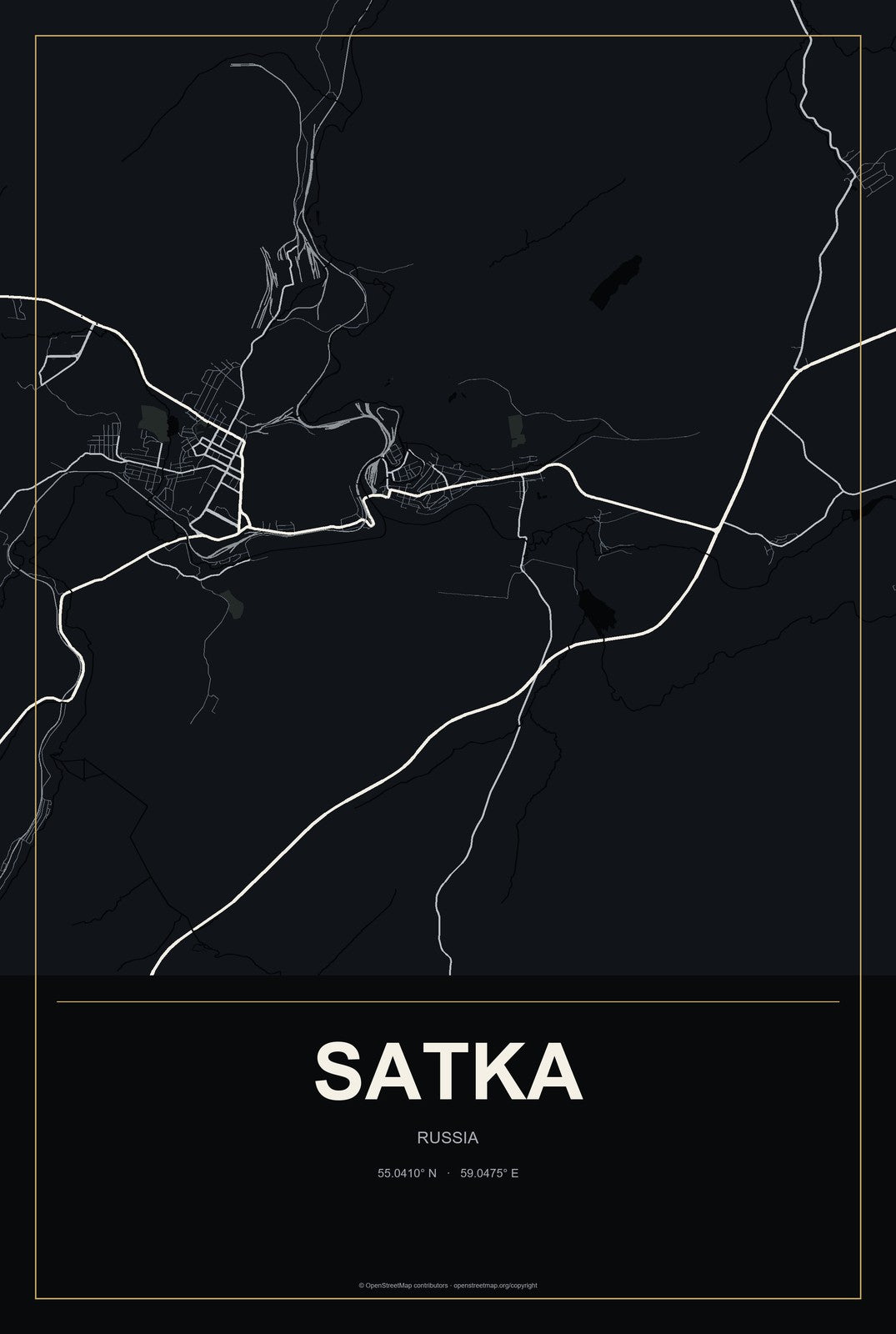 Satka, Russia City Map Aluminum Sign in Metropolitan Noir style