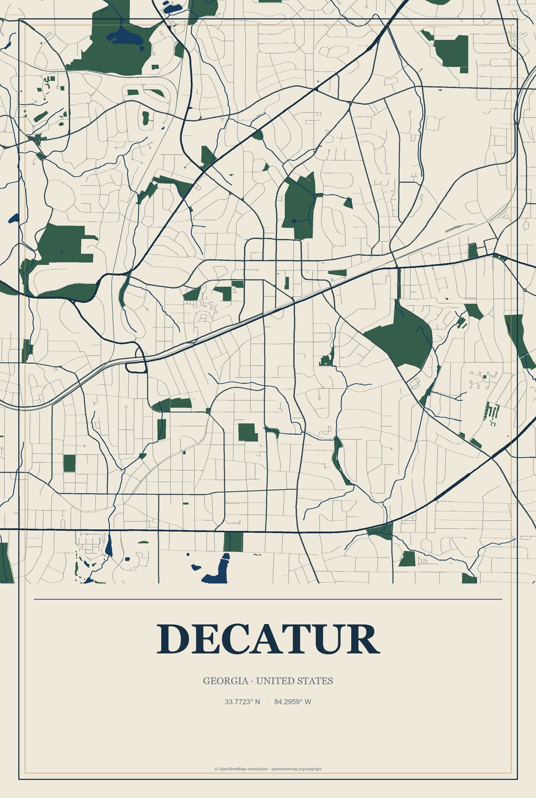 Decatur, Georgia City Map Aluminum Sign in Coastal Cutout style