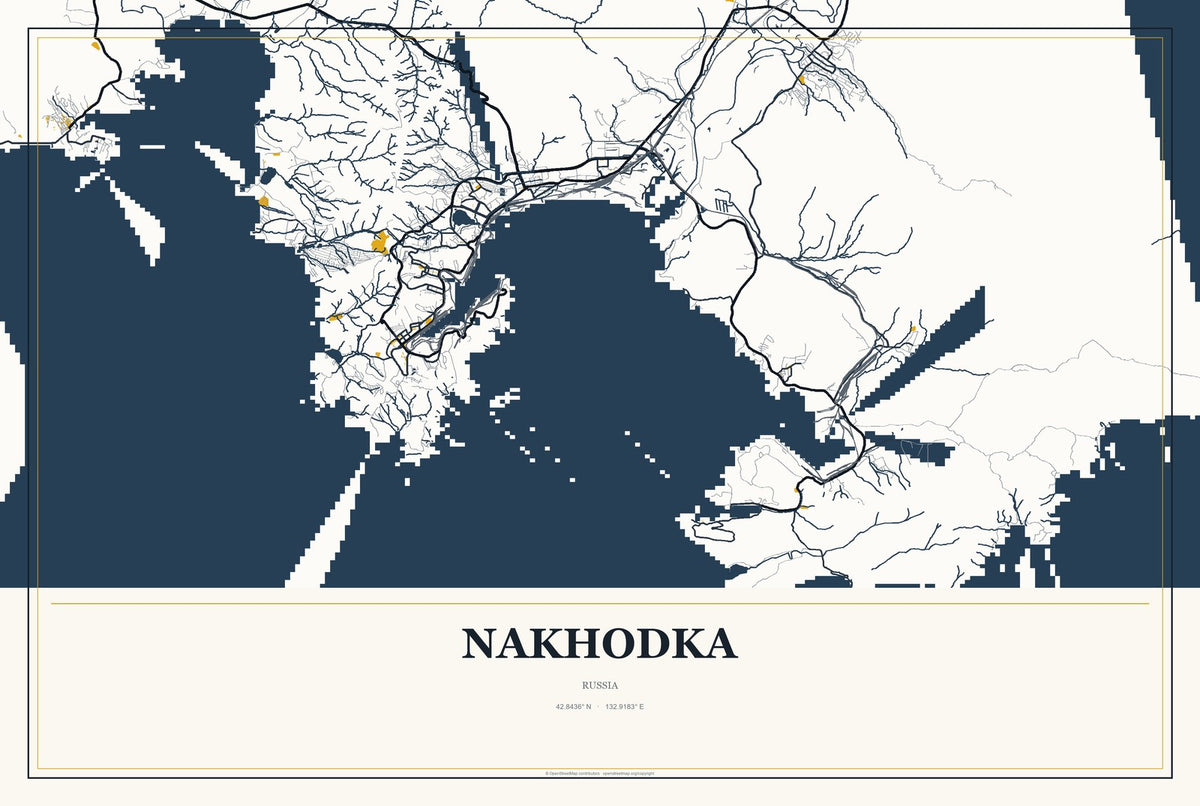 Nakhodka, Russia City Map Aluminum Sign in Citrine Modern style