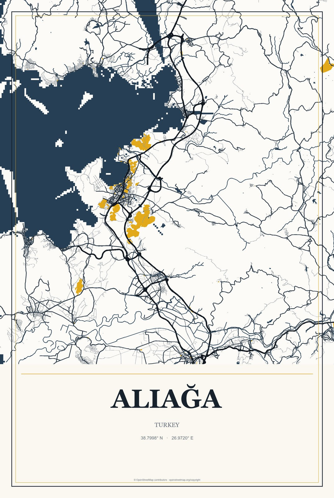 Aliağa, Turkey City Map Aluminum Sign in Citrine Modern style