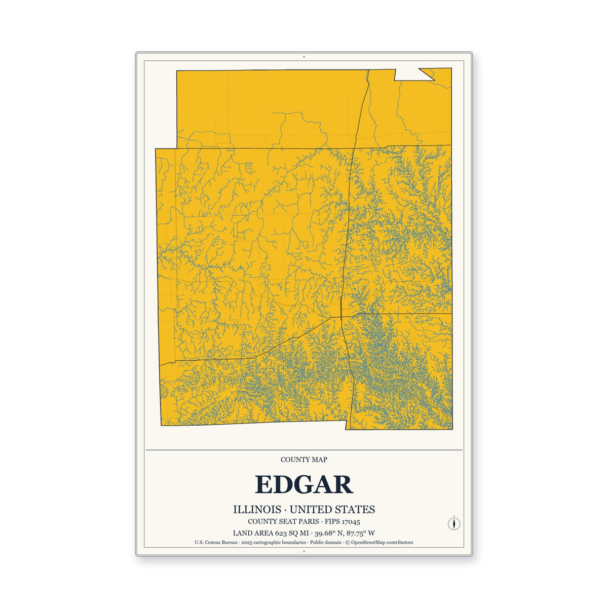Edgar County, Illinois Map Aluminum Sign in Citrine Modern style