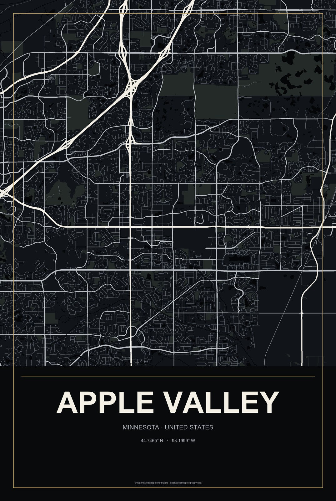 Apple Valley, Minnesota City Map Aluminum Sign in Metropolitan Noir style