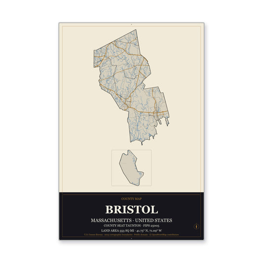 Bristol County, Massachusetts Map Aluminum Sign in Museum Plaque style