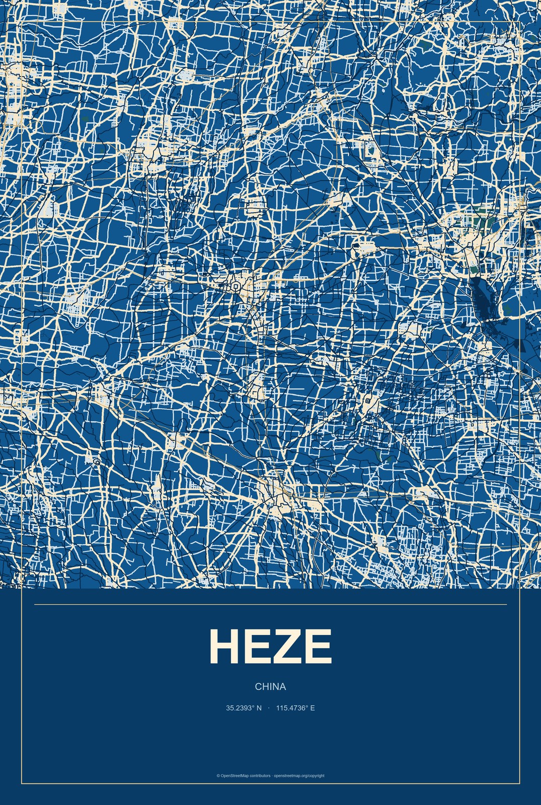 Heze, China City Map Aluminum Sign in Harbor Cobalt style