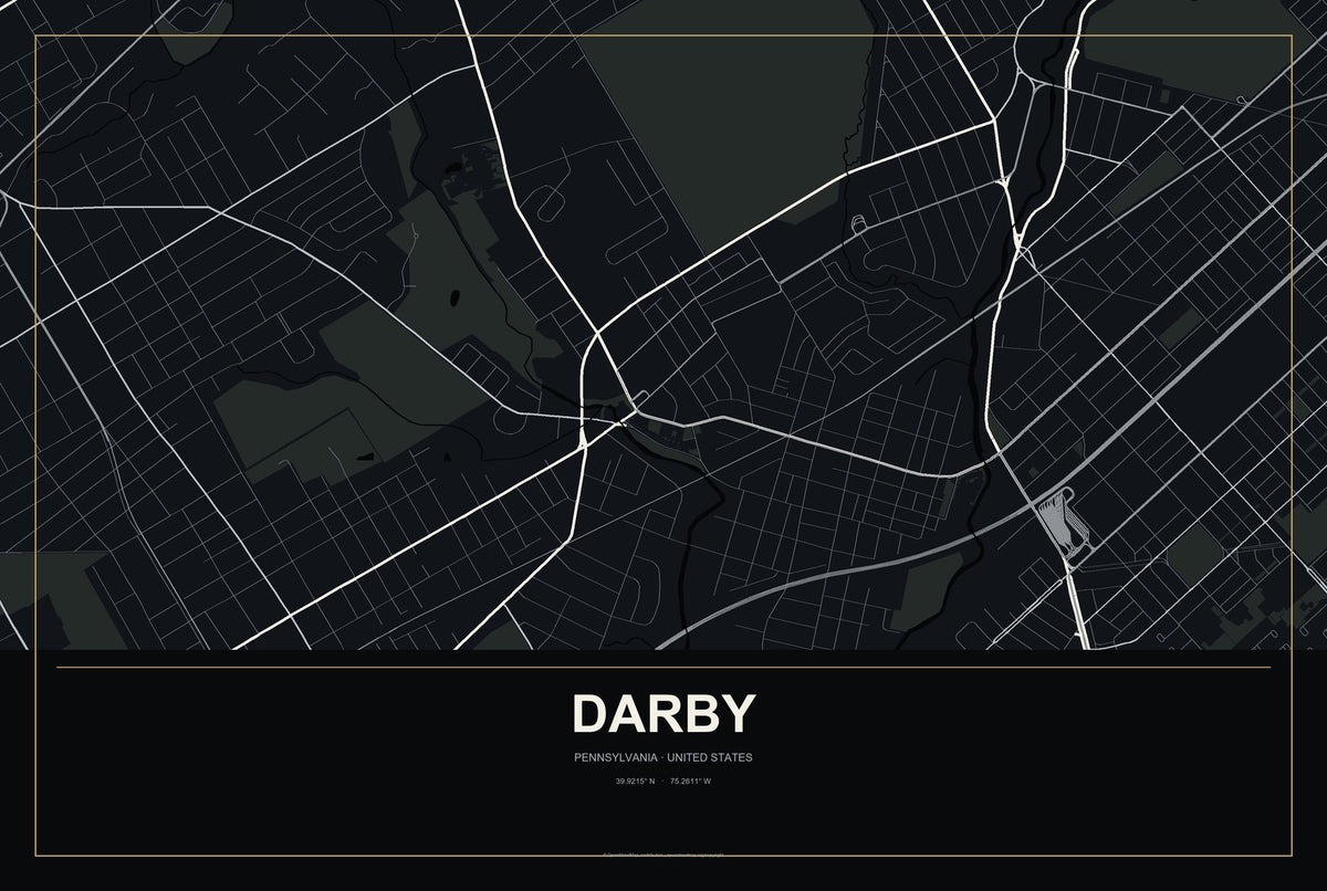 Darby, Pennsylvania City Map Aluminum Sign in Metropolitan Noir style