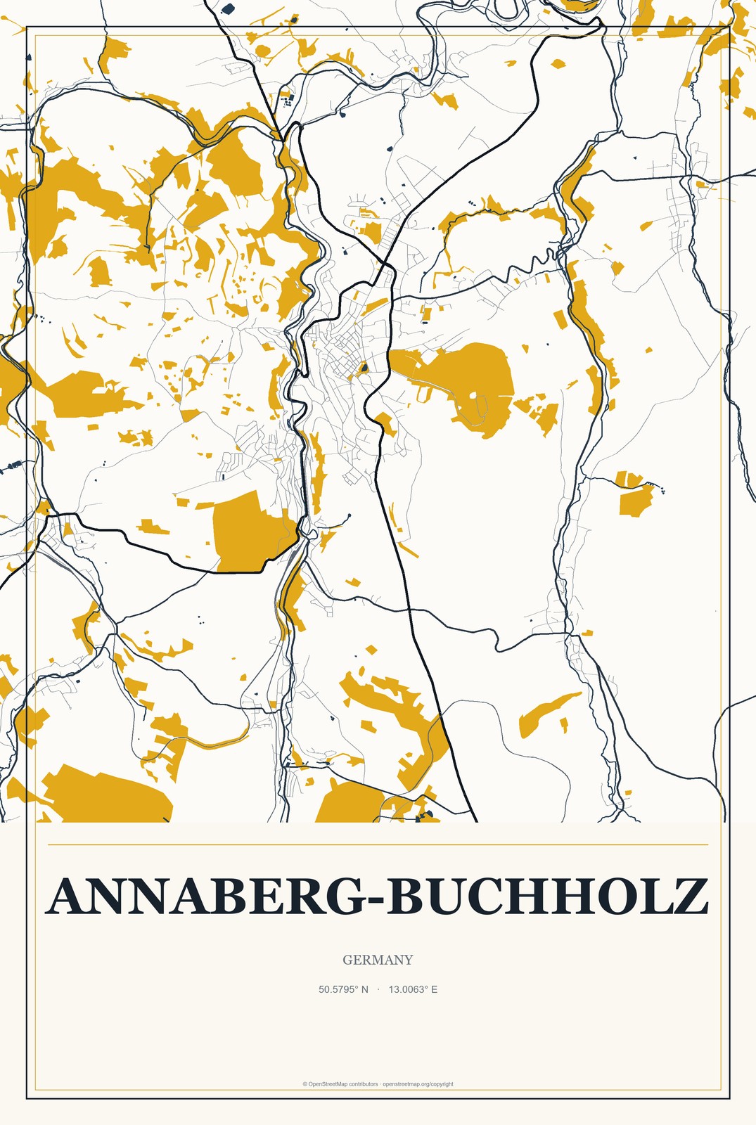 Annaberg-Buchholz, Germany City Map Aluminum Sign in Citrine Modern style