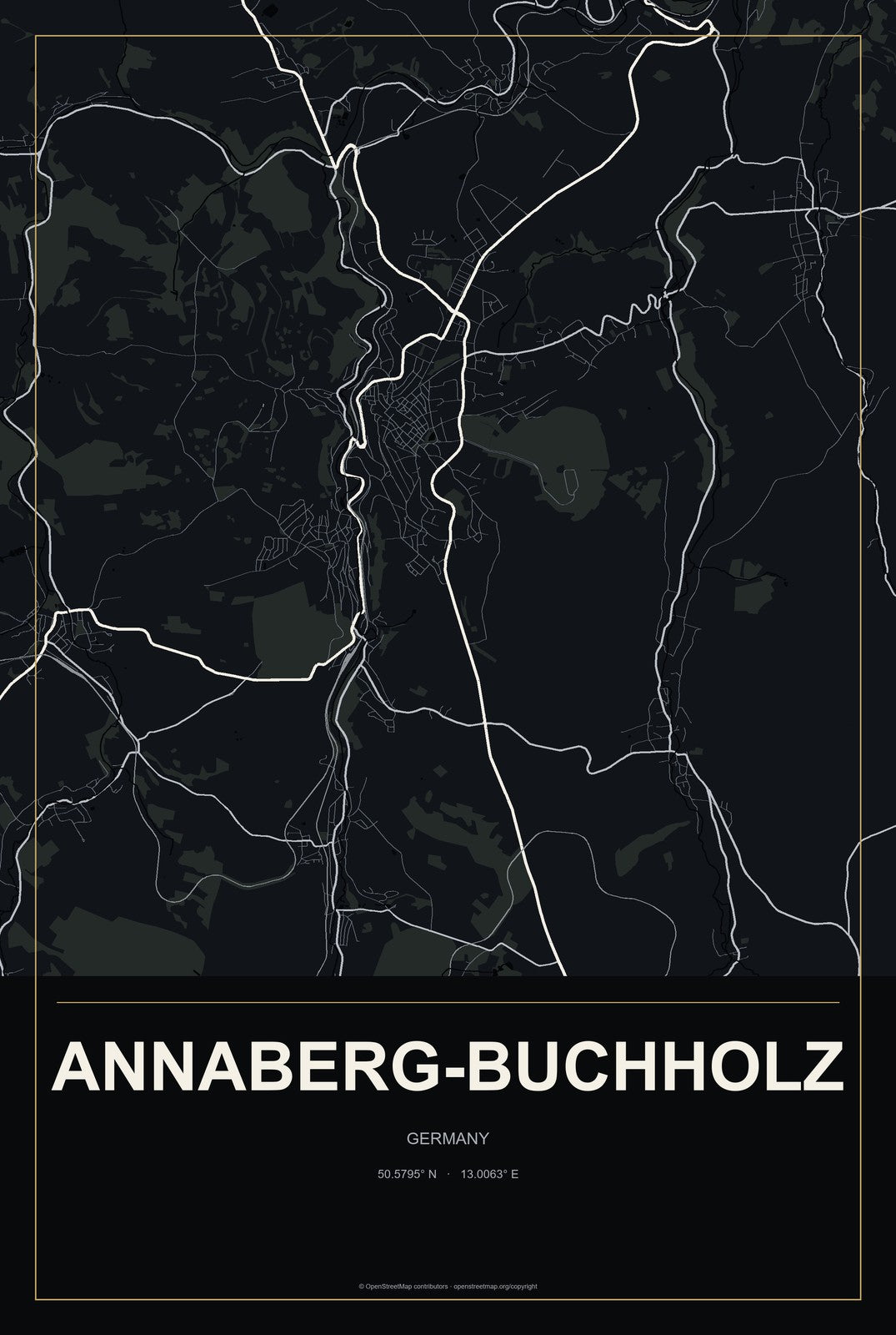 Annaberg-Buchholz, Germany City Map Aluminum Sign in Metropolitan Noir style