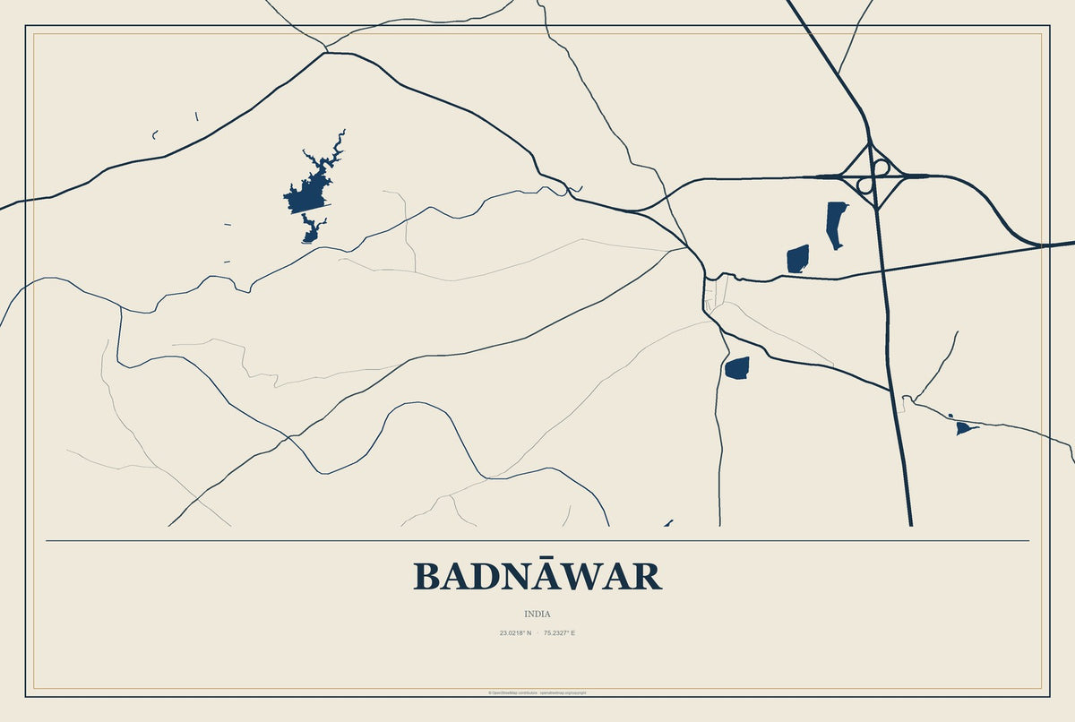 Badnāwar, India City Map Aluminum Sign in Coastal Cutout style