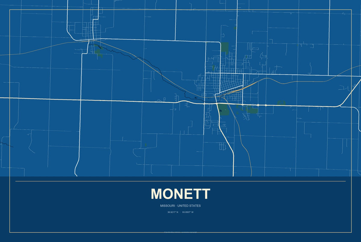 Monett, Missouri City Map Aluminum Sign in Harbor Cobalt style