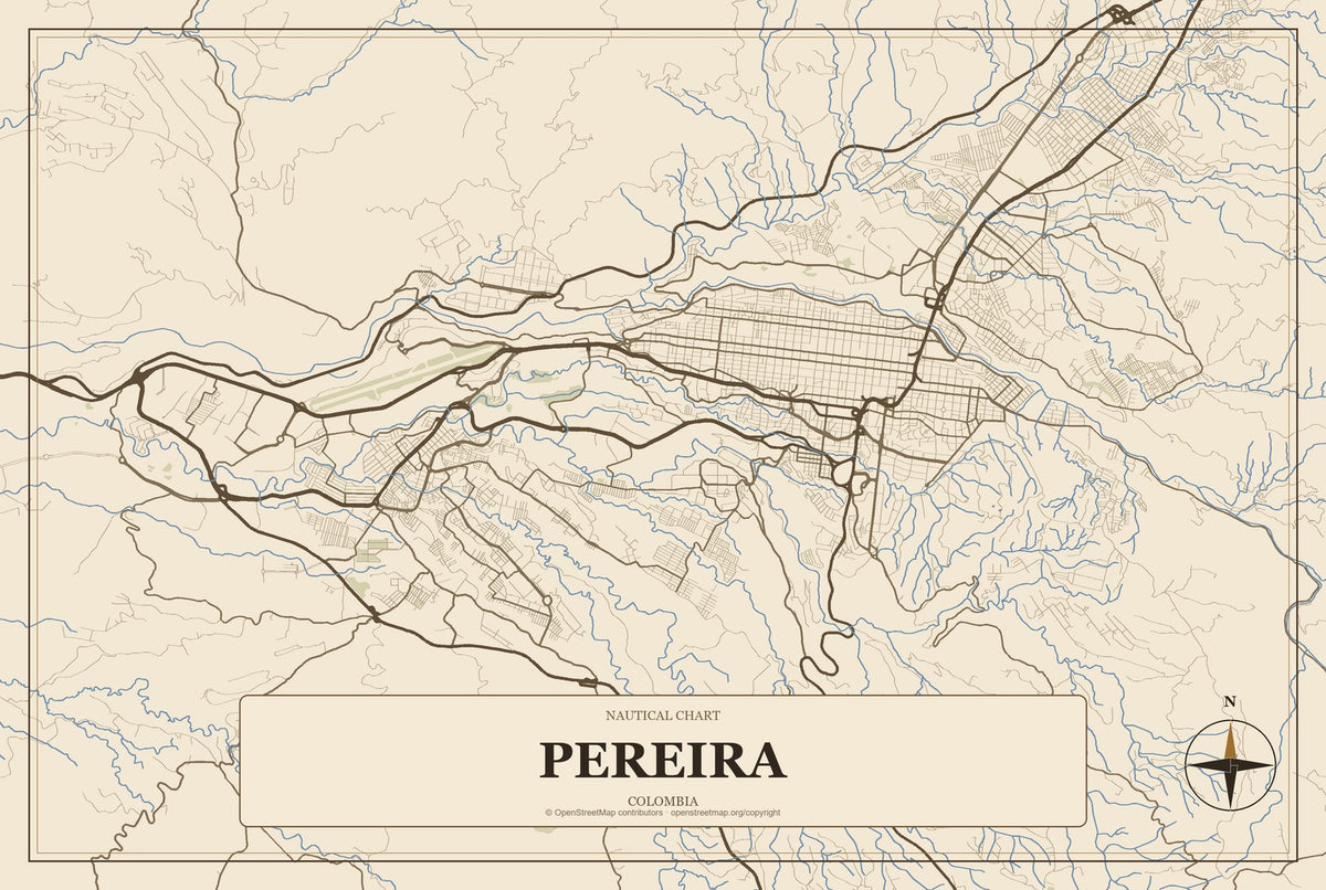Pereira, Colombia City Map Aluminum Sign in Heritage Nautical style
