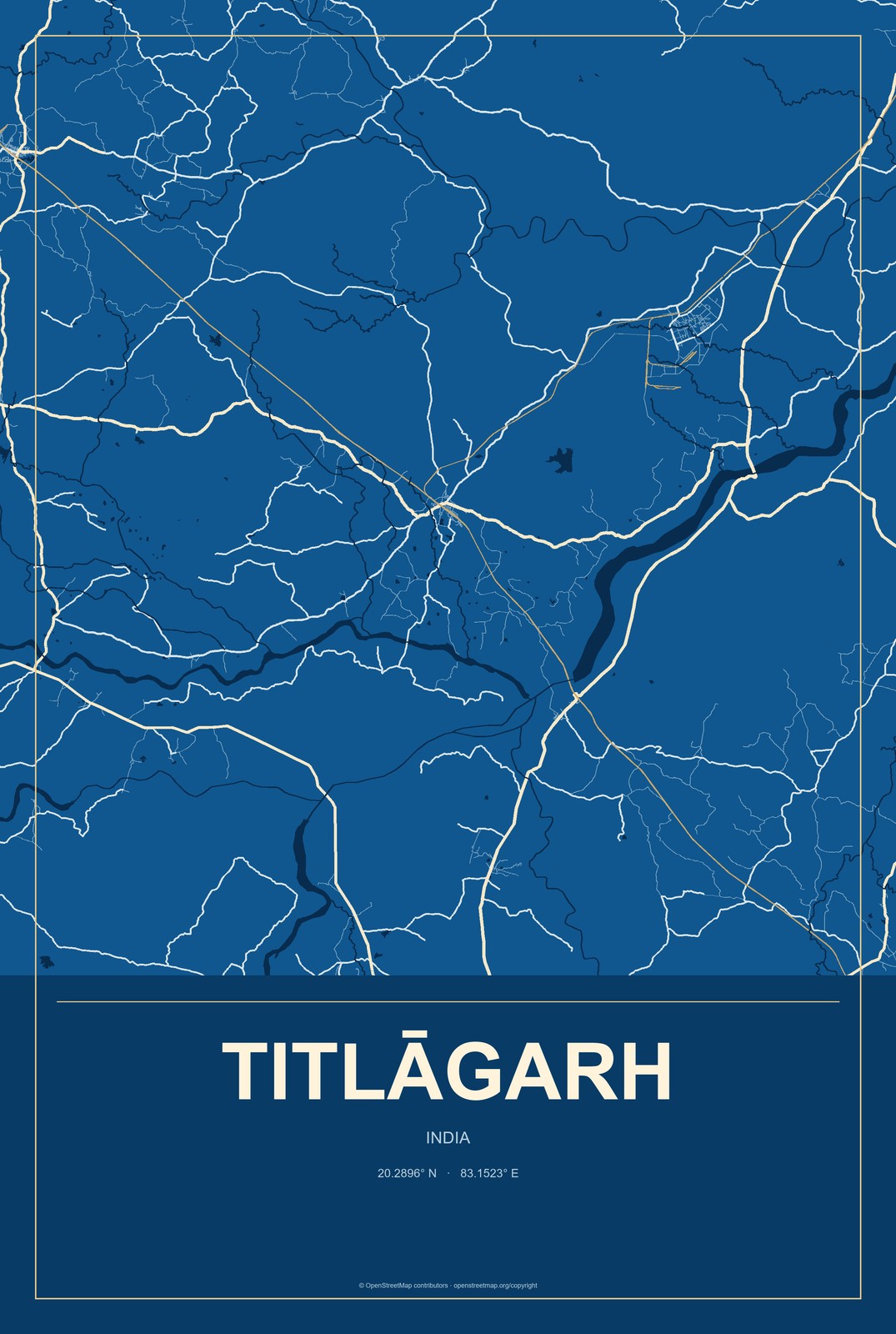 Titlāgarh, India City Map Aluminum Sign in Harbor Cobalt style