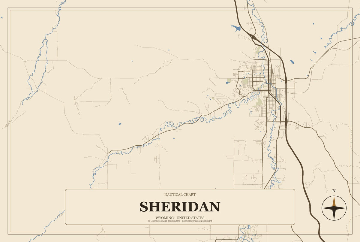 Sheridan, Wyoming City Map Aluminum Sign in Heritage Nautical style