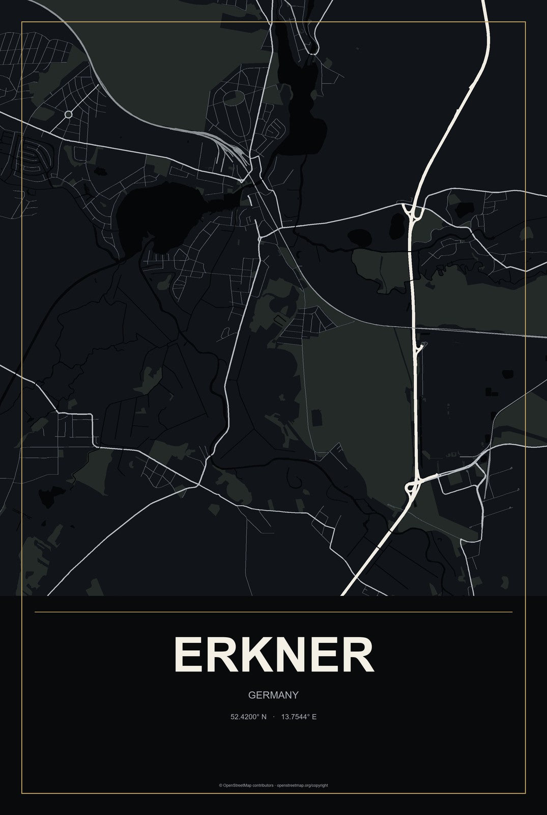 Erkner, Germany City Map Aluminum Sign in Metropolitan Noir style