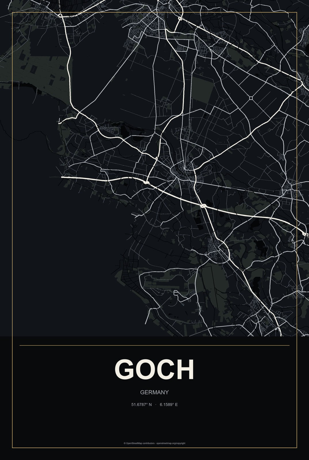 Goch, Germany City Map Aluminum Sign in Metropolitan Noir style
