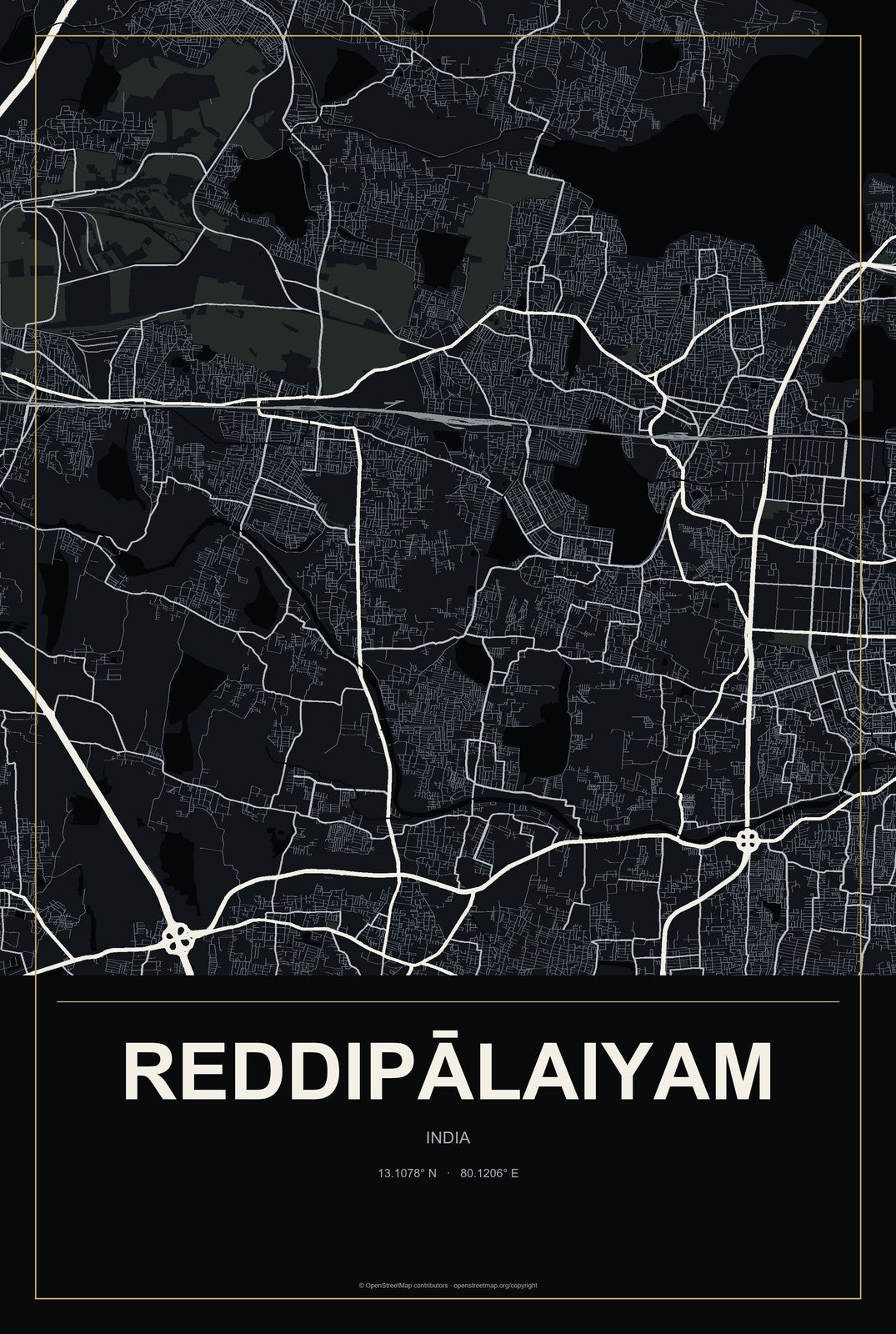 Reddipālaiyam, India City Map Aluminum Sign in Metropolitan Noir style