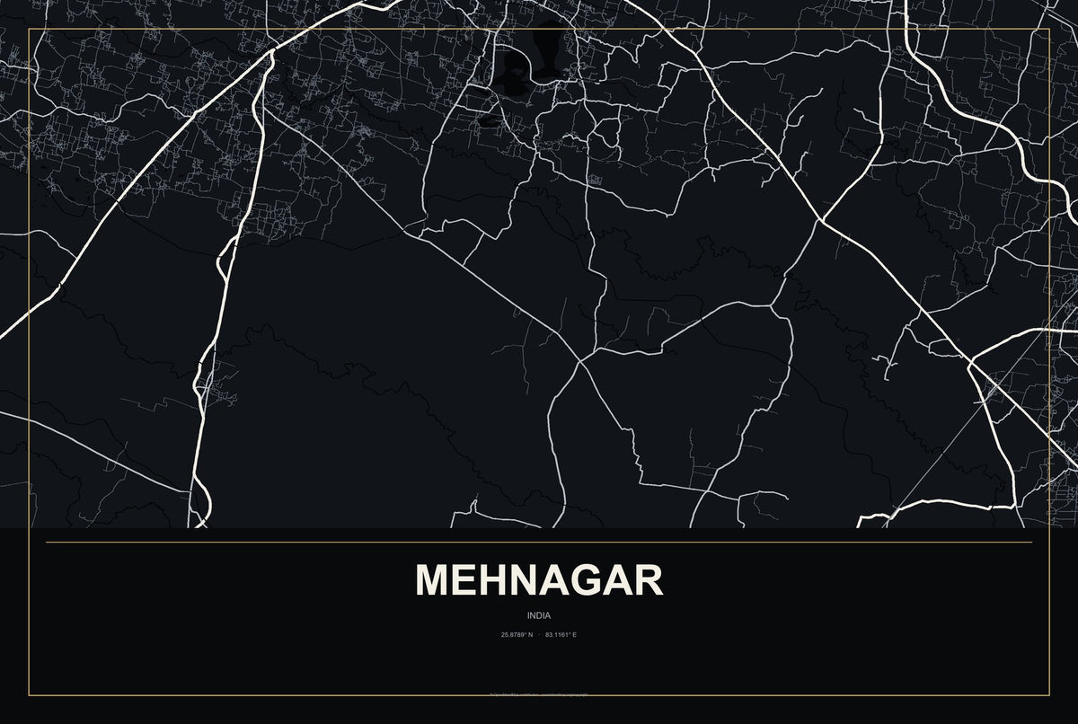 Mehnagar, India City Map Aluminum Sign in Metropolitan Noir style