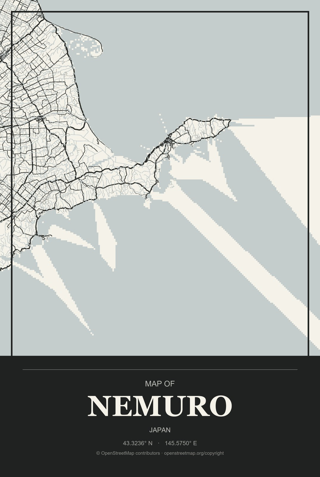 Nemuro, Japan City Map Aluminum Sign in Museum Plaque style
