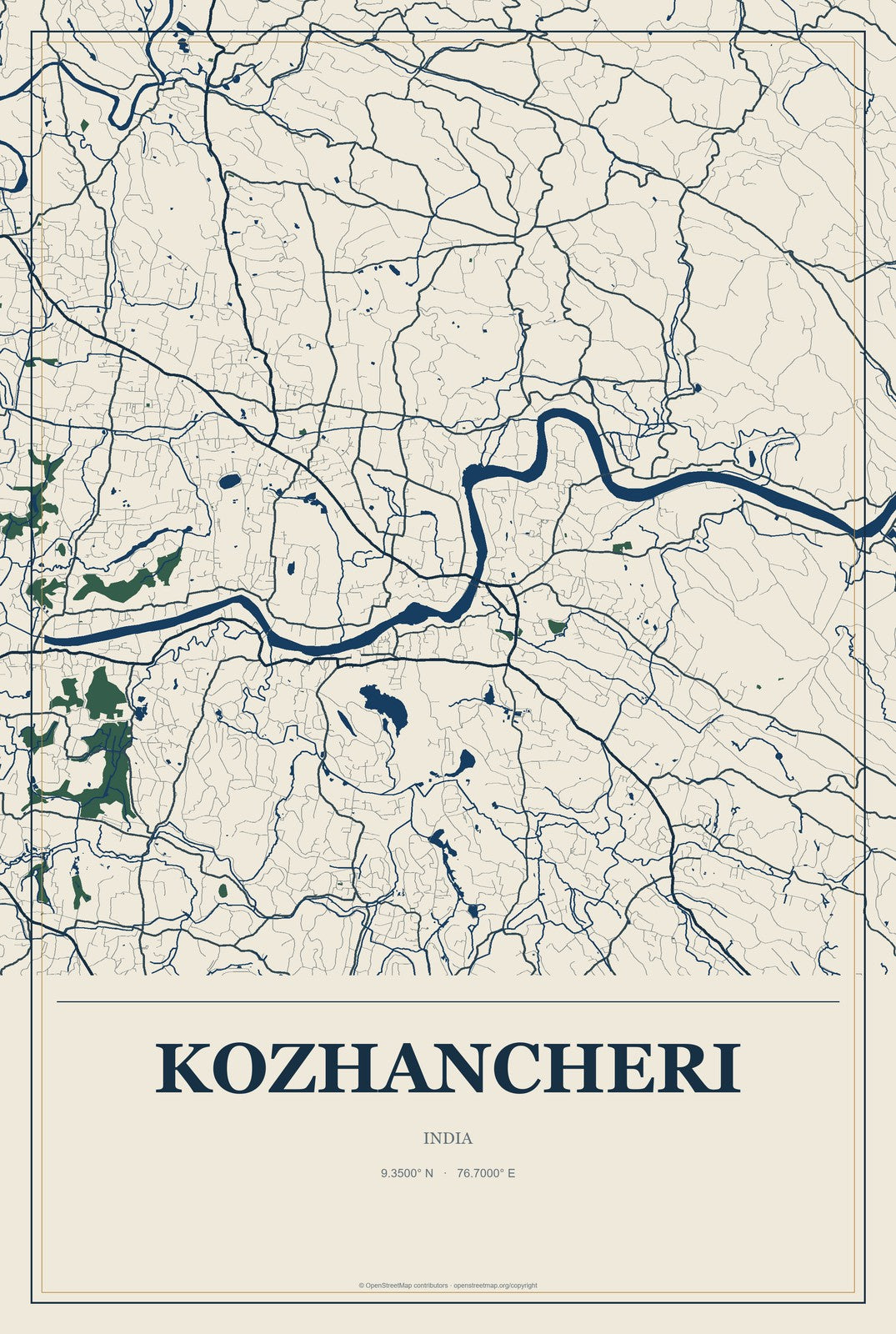Kozhancheri, India City Map Aluminum Sign in Coastal Cutout style