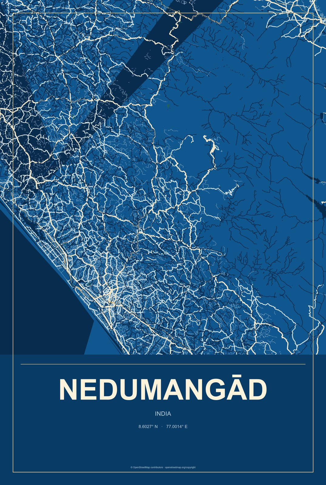 Nedumangād, India City Map Aluminum Sign in Harbor Cobalt style