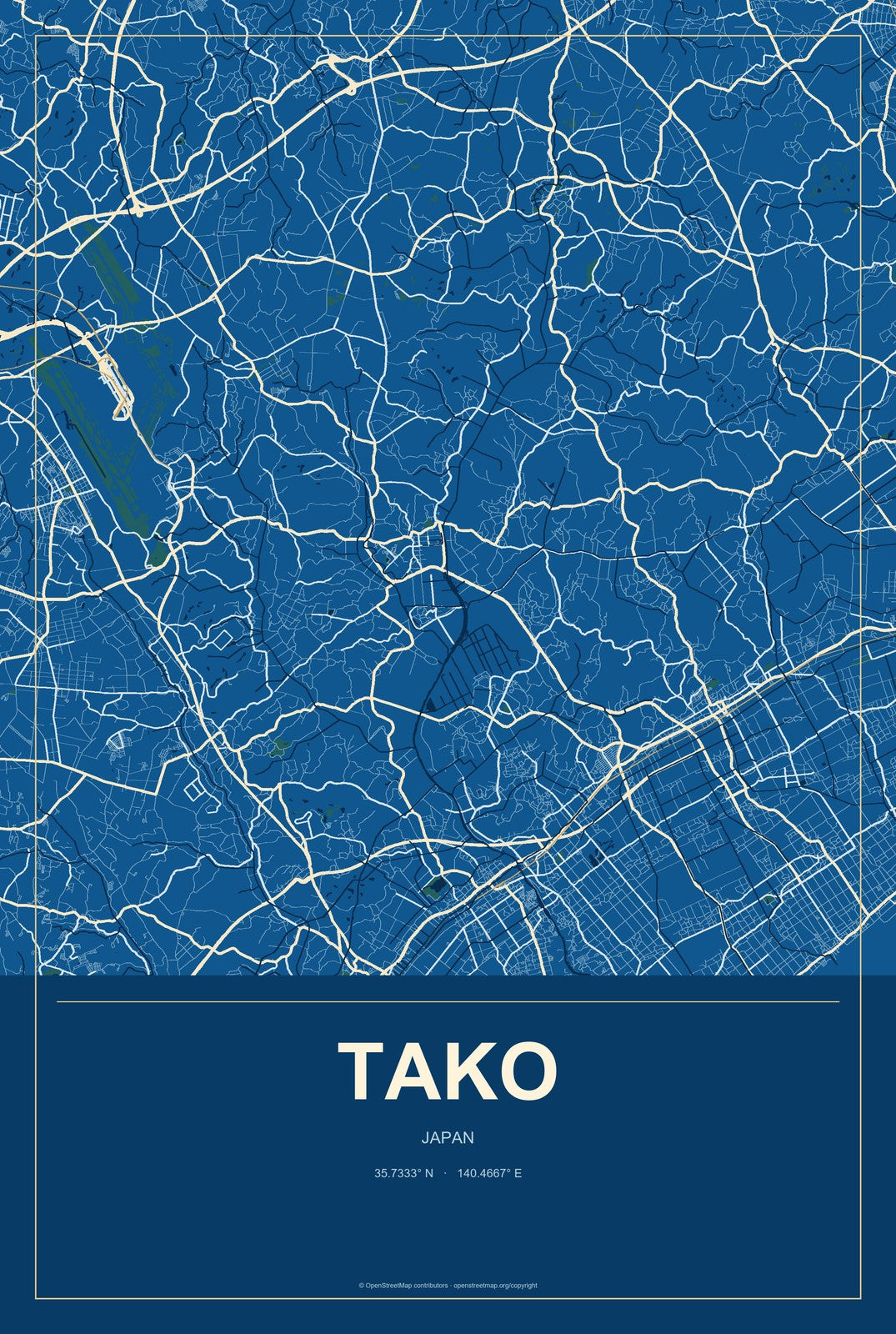 Tako, Japan City Map Aluminum Sign in Harbor Cobalt style