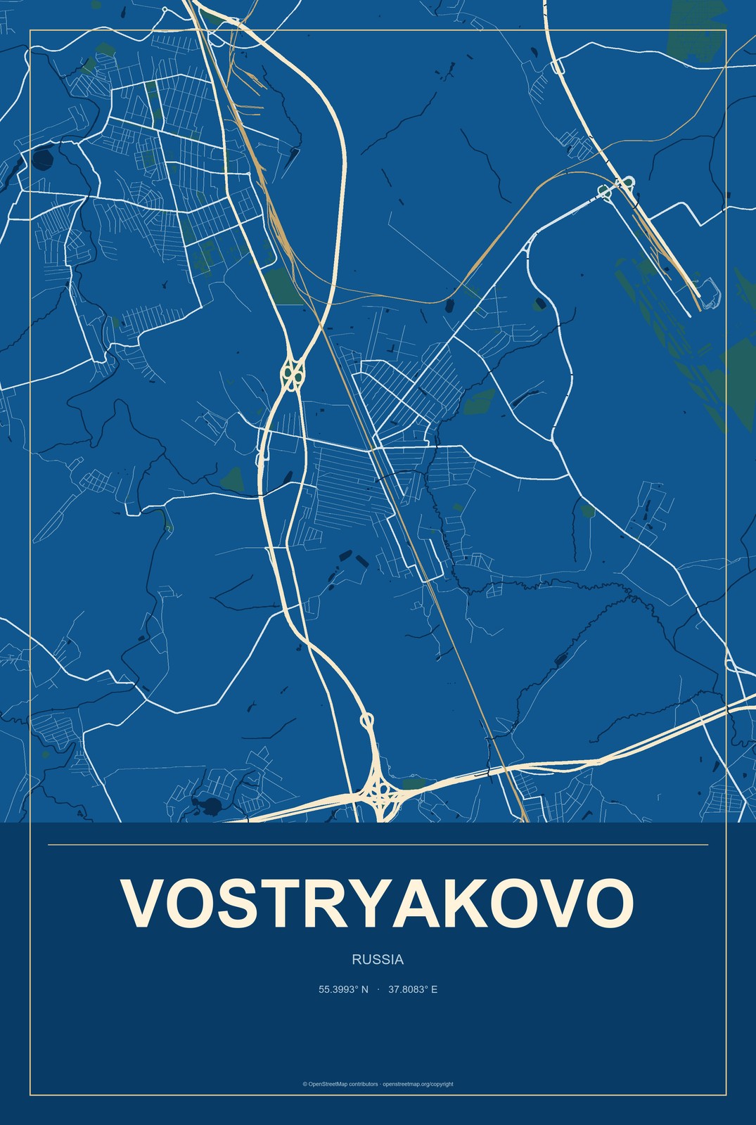 Vostryakovo, Russia City Map Aluminum Sign in Harbor Cobalt style