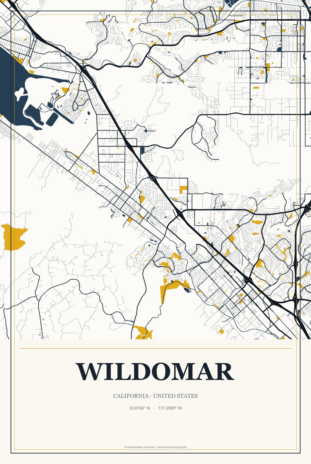 Wildomar, California City Map Aluminum Sign in Citrine Modern style