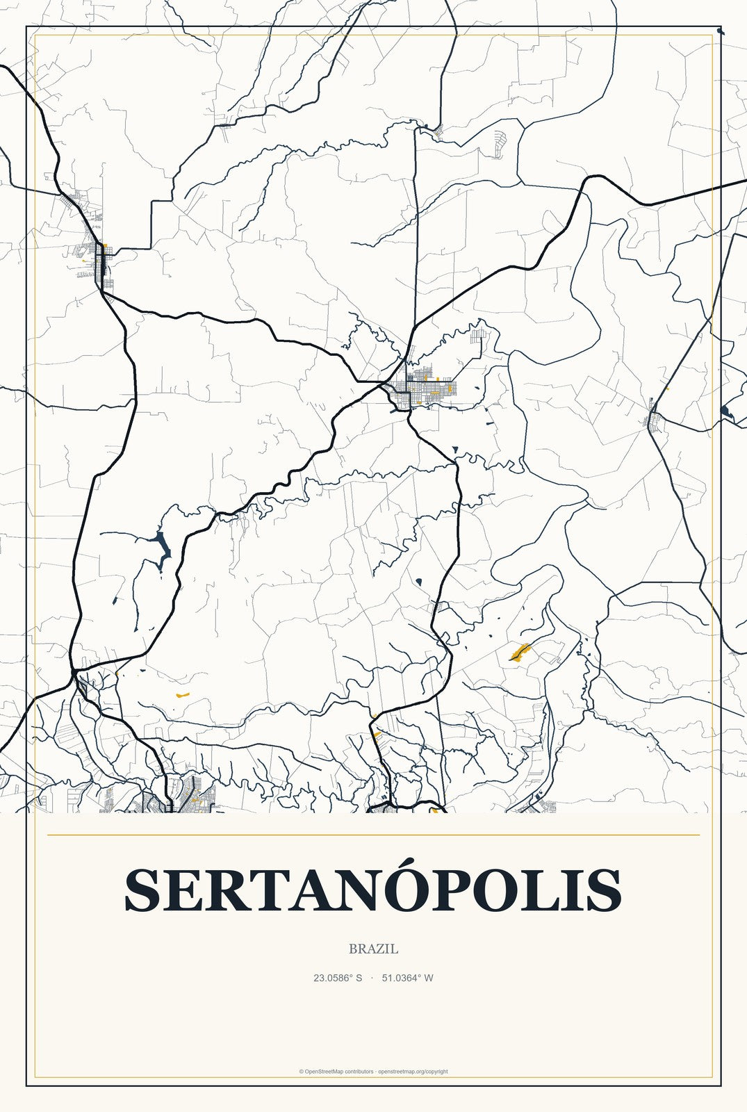 Sertanópolis, Brazil City Map Aluminum Sign in Citrine Modern style